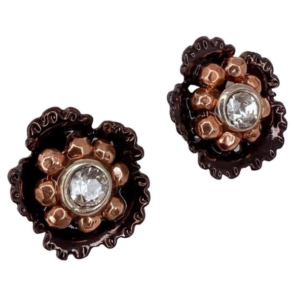 Rose Gold Rhinestone Flower Stud Earrings .25" Pierced - Picture 1 of 8